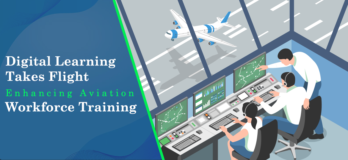 Digital learning in aviation workforce training – illustration of air traffic controllers in a control tower guiding an airplane, highlighting technology-driven aviation training solutions.