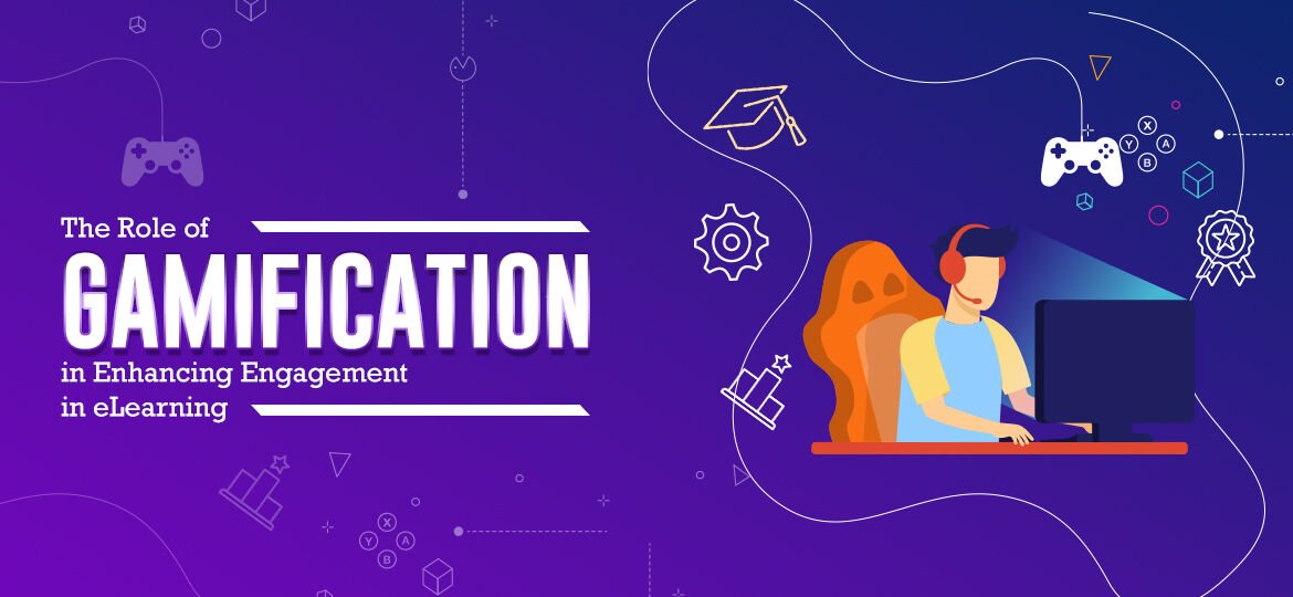 Illustration showing the role of gamification in enhancing engagement in eLearning, featuring a person using a computer with gaming icons like controllers, gears, graduation cap, and achievement badges on a purple background.